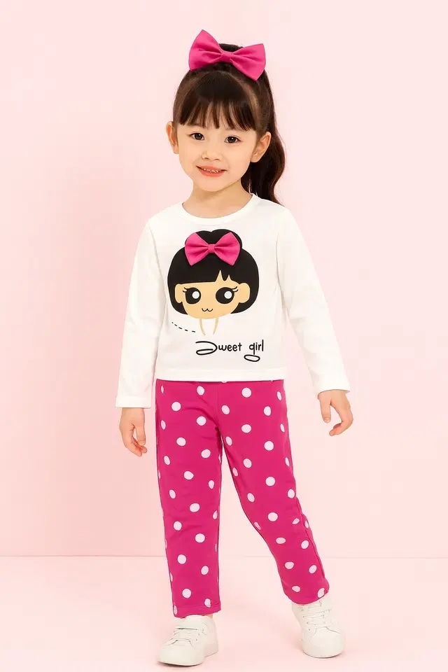 Hoisery Printed Clothing Set for Girls (White, 4-5 Years)