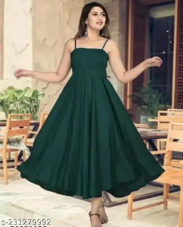 Poly Crepe Solid Dress for Women (Bottle Green, L)