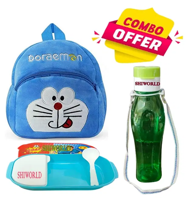 Combo of Fabric School Bag, Water Bottle with Lunch Box for Kids, Multicolor, Set of 3