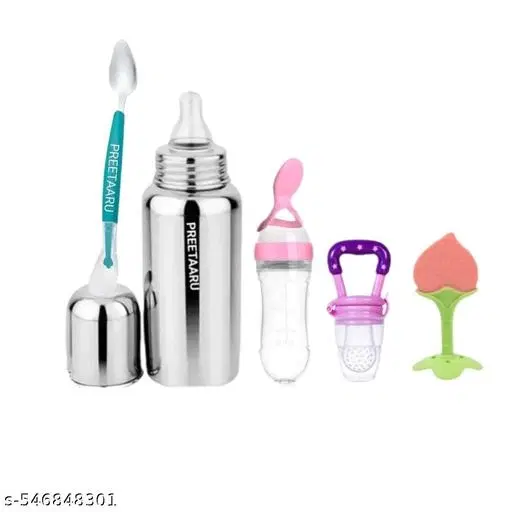 Baby Steel Feeding Bottle 250 Ml ,Silicone Spoon Feeding Bottle 90 Ml, Fruit Nibbler 10 Ml Soft Silicone (Pack Of 5)