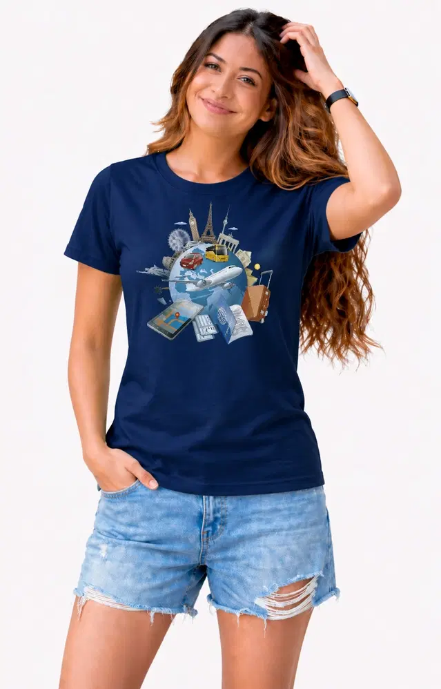 Casual Cotton Blend Tshirts for Women (Navy Blue, S)