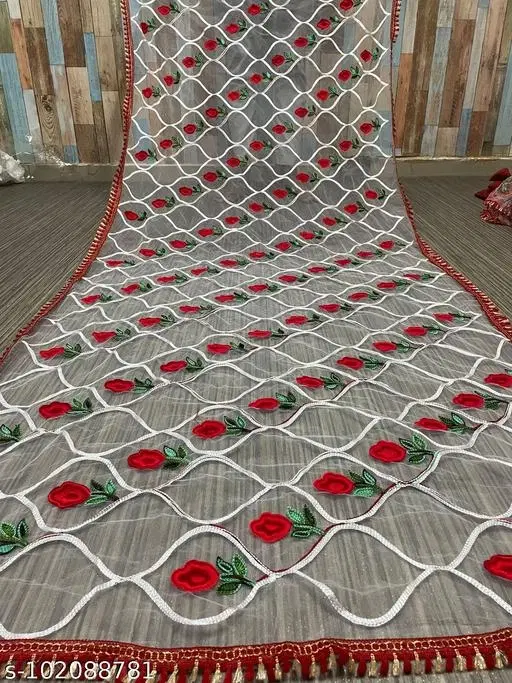 Embroidered Chanderi Net Floral Sewing & Embroidery (White, Free Size)