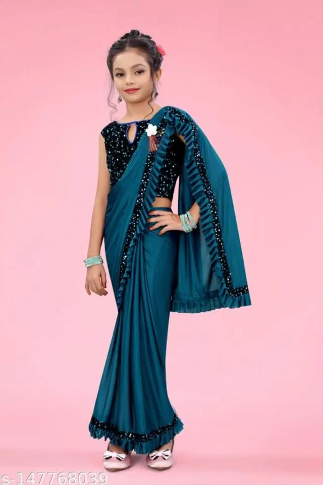 Solid Fancy Saree for Girls with Blouse (Teal, 3-4 Years)