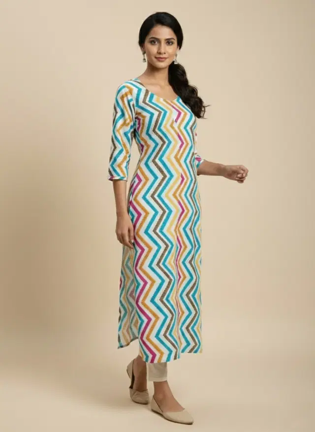 Cotton Blend Printed Kurti for Women, Multicolour (L)