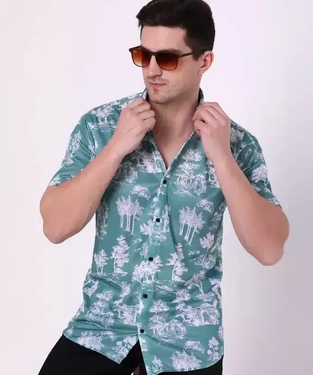 Half Sleeves Printed Shirt for Men (Blue, XXL)
