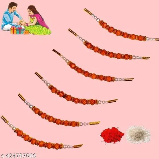 Handmade Designer Rakhi with Roli Chawal, Multicolor, Pack of 6