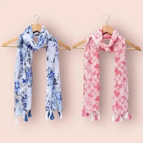 Cotton Blend Printed Scarves for Women (White & Pink, Pack of 2)