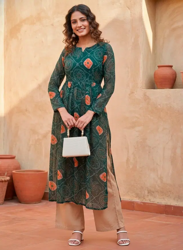 Bindu Bandhej Naira Kurti for Women (Green, XS)