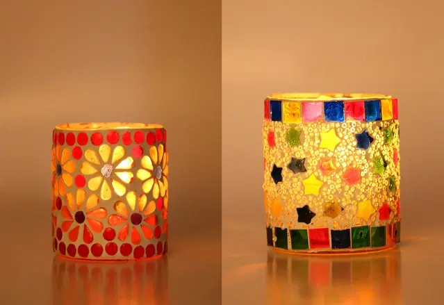 Glass Decorative Tea Light Holders, Multicolor, Pack of 2