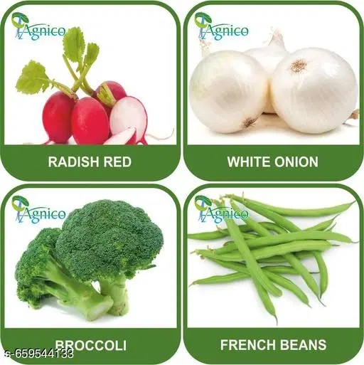 4 Vegetable Seeds Combo With Instruction Manual(Radish Red/White Onion/Broccoli/French Beans)