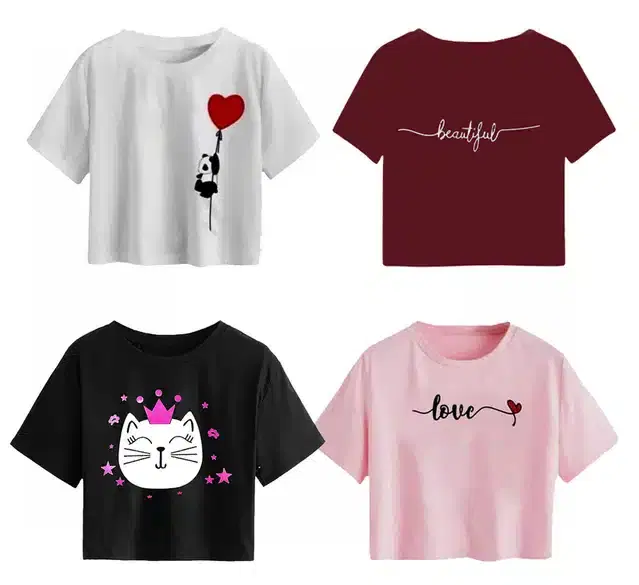 Cotton Printed Crop Tops for Girls, Pack of 4 (Multicolor, 13-14 Years)