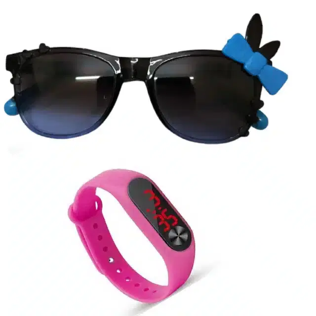 UV Protected Sunglass with Digital Watch for Boys & Girls, Set of 2 (Blue & Pink)