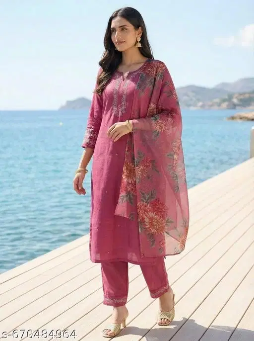 Embroidered Rayon Womens kurta sets Pink, (Size: XXL)