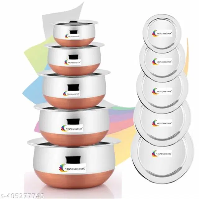Stainless Steel Copper Bottom Handi Pot Set with Lid, Silver, Set of 5