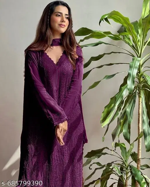 Embroidered Palazzo Pants for Women (Purple, XS)