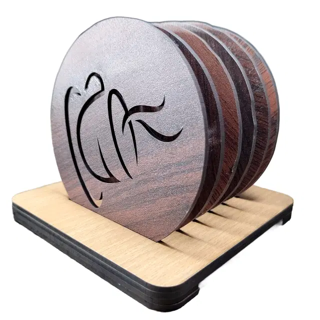 MDF Wooden 6 Pcs Coasters with Stand, Brown, Set of 1