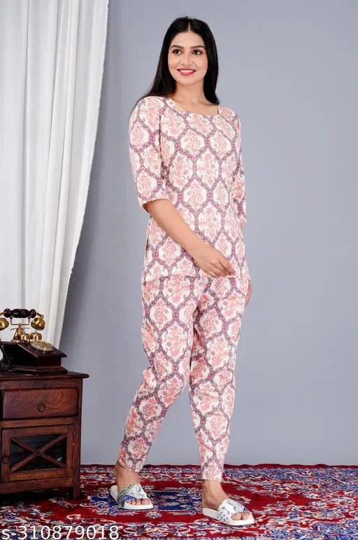 Cotton Printed Top & Bottom Set for Women, Pink (M)