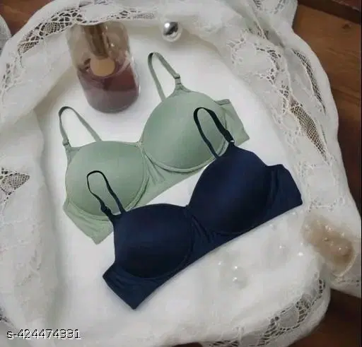 Cotton Solid Bra for Women & Girls, Olive & Blue, Pack of 2 (32B)