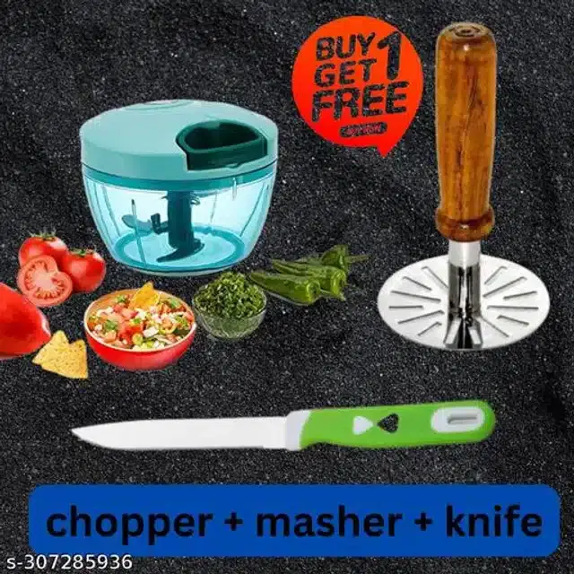 Plastic Manual Vegetables Chopper, 450 ml with Masher & Kitchen Knife, Multicolor, Set of 3