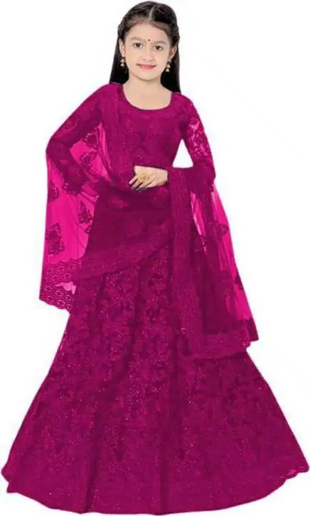 Net Embroidered Semi Stitched Lehenga for Girls (Purple, 3-4 Years)