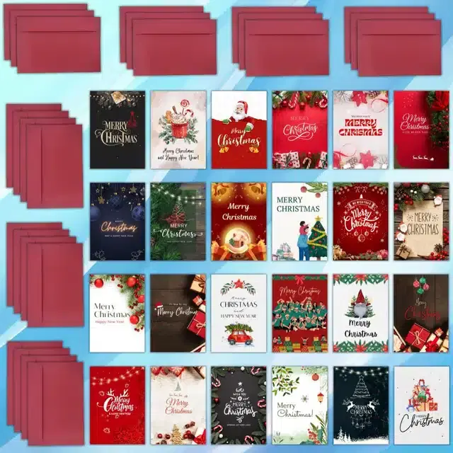 Merry Christmas Printed Cards with Envelopes, Multicolor, Set of 24