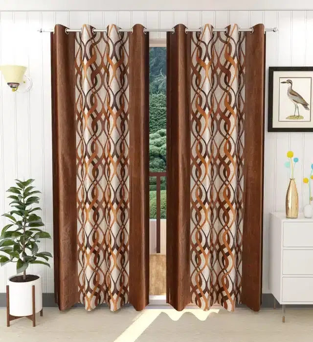 Polyester Printed Window & Door Curtains, Pack of 2, Brown, 5 feet