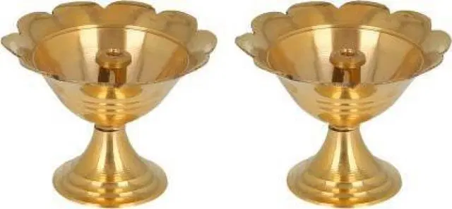 Heaven Decor Small Brass Kuber Devdas Plain Deepak Diya Oil Lamp For Puja, Pack of 2, A031