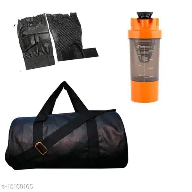 Combo of Gym Bag with Shaker Bottle, 400 ml, Gloves, Multicolor, Set of 3