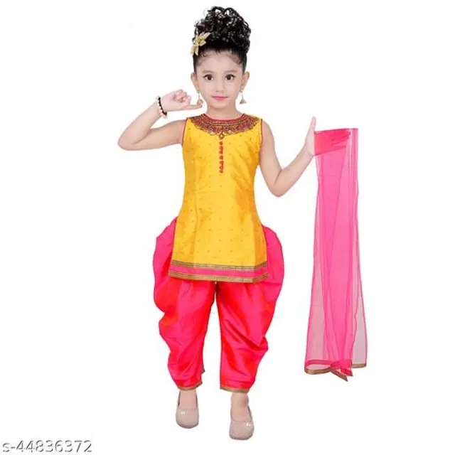 Silk Blend Kurta Sets for Girls (Yellow & Red, 3-4 Years)
