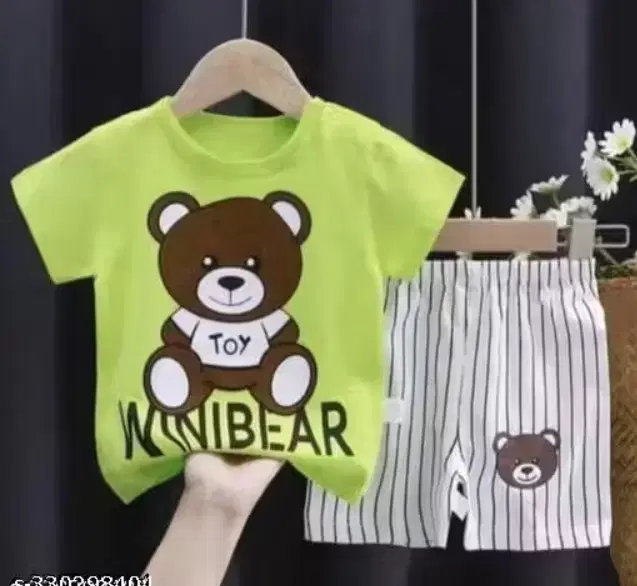 Teddy Bear Print Cotton Clothing Set for Kids ,Green & White (12-18 Months)