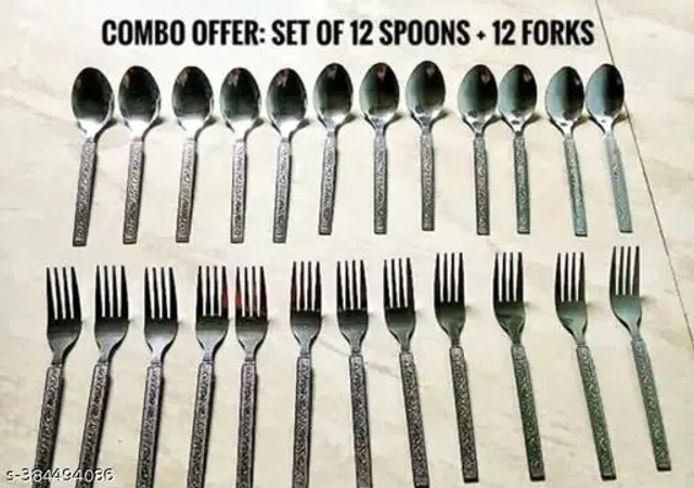Stainless Steel Forks, 12 Pcs with 12 Pcs Spoons, Silver, Set of 2