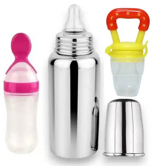 Steel Milk Bottle with Food & Fruit Feeder, Multicolor, Set of 3
