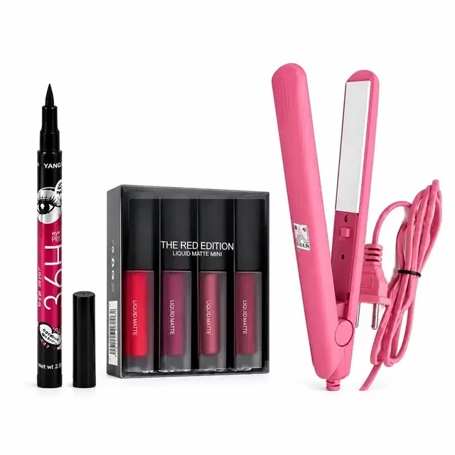 Face Makeup Combo, Set of 5 Combo of Huda Red Edition 4 Pcs Lipstick with 36 H Eyeliner & Professional Hair Straightener