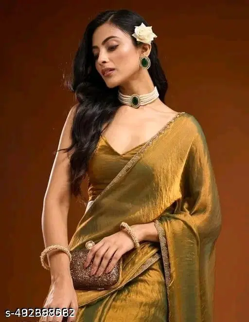 Chiffon Solid Saree For Women, Brown
