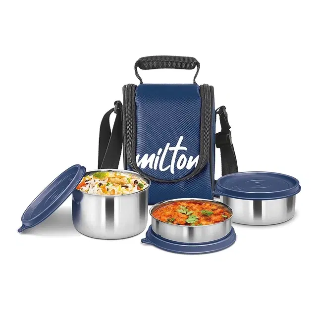 Milton Tasty 3 Lunch Box with Insulated Fabric Jacket, 3 Stainless Steel Containers (210 ml, 340 ml, 500ml), Leak-Proof Tiffin for Office, College, Picnic, Blue