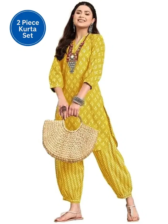 Cotton Blend Printed Women's Kurta with Pant Set, Yellow (XXL )