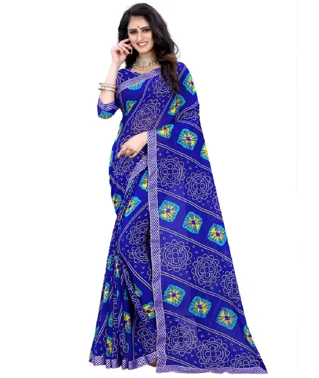 Georgette Bandhini Saree for Women, Blue