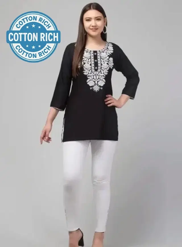 Cotton Embroidered Short Kurti for Women, Black (M)