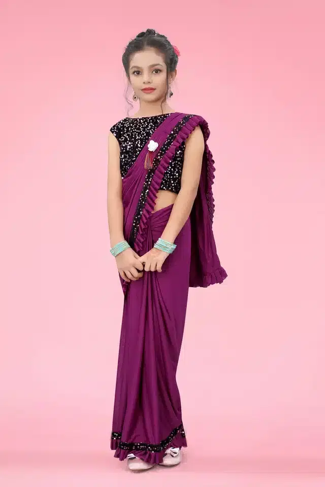 Ready to Wear Saree with Unstitched Blouse for Kids (Purple, 3-4 Years)