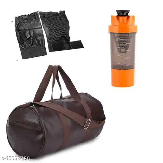 Combo of Gym Bag with Shaker Bottle, 400 ml, Gloves, Multicolor, Set of 3