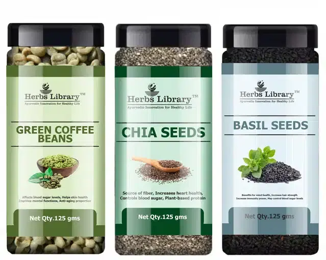 Herbs Library Green Coffee Beans, Chia Seeds and Basil Seeds, Pack of 3, 125 g