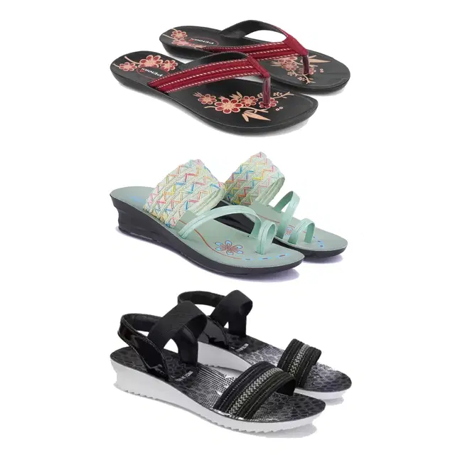 Flats with Heels & Sandals for Women, Set of 3 (Multicolor, 6)