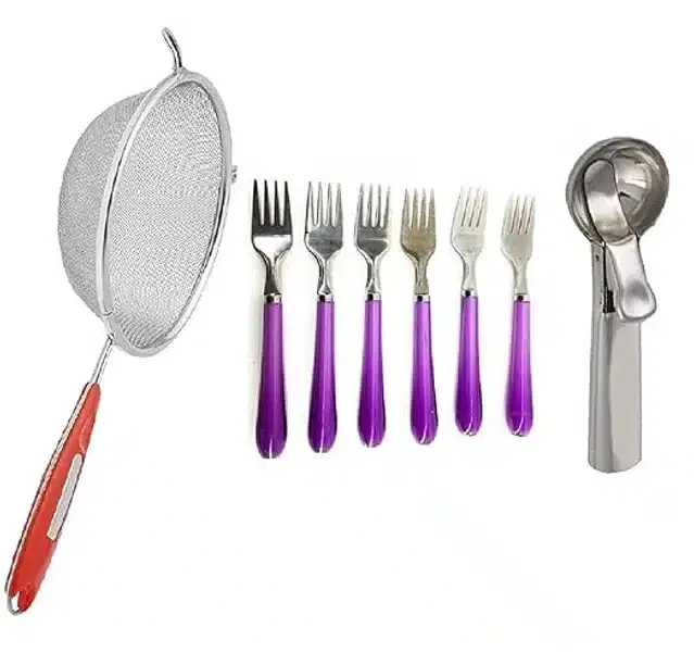 Stainless Steel Strainer with Ice Cream Scoop & 6 Pcs Fork, Multicolor, Set of 8