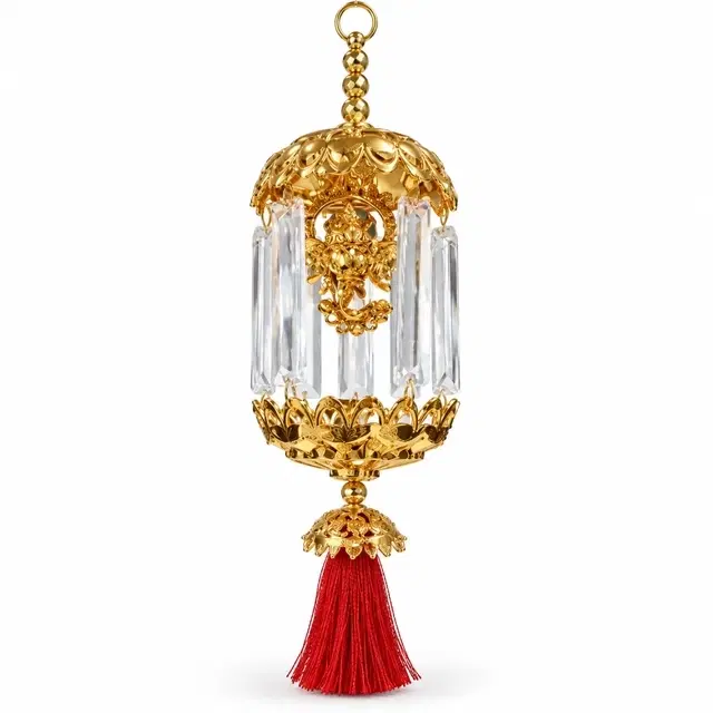 Golden Dome Jhoomar With Crystal Danglers And Red Tassel