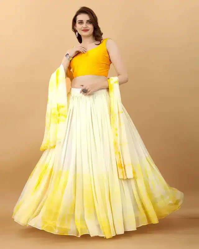 Georgette Semi Stitched Lehenga Choli for Women (Yellow, Free Size)