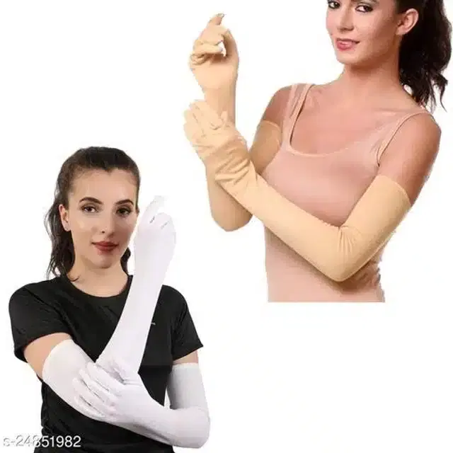Full Sleeves Hand Gloves for Women, Set of 2 (White & Beige)