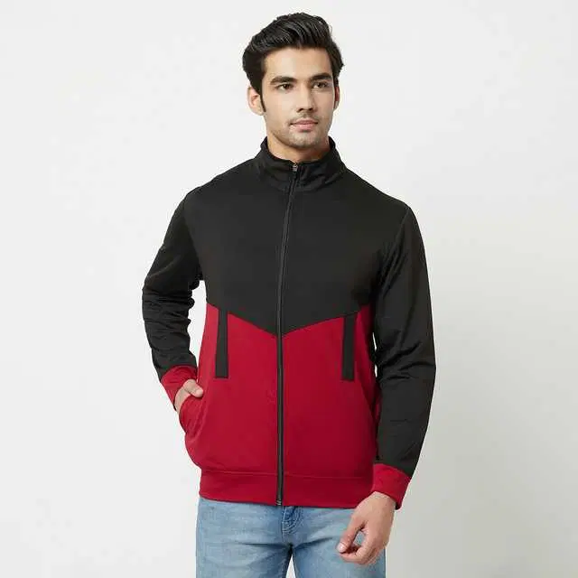 Glito Men Stretchable Regular Fit Gym Wear Jacket (Black & Maroon, M) (GI-15)