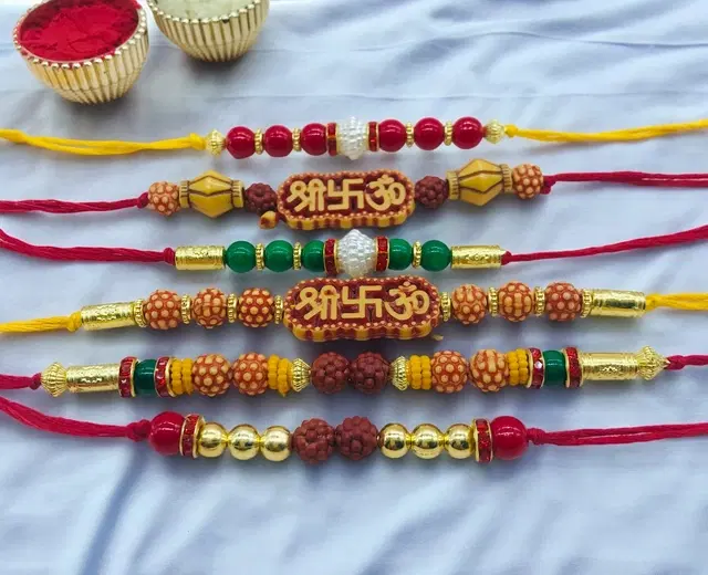 Handmade Designer Rakhi with Roli Chawal, Multicolor, Pack of 6
