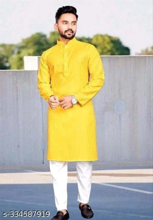 Striped Mandarin Neck Kurta for Men (Yellow, S)