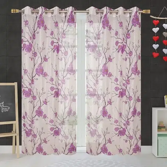 Printed Semi Transparent Net Window Curtains, Pack of 2, Purple, 5 feet